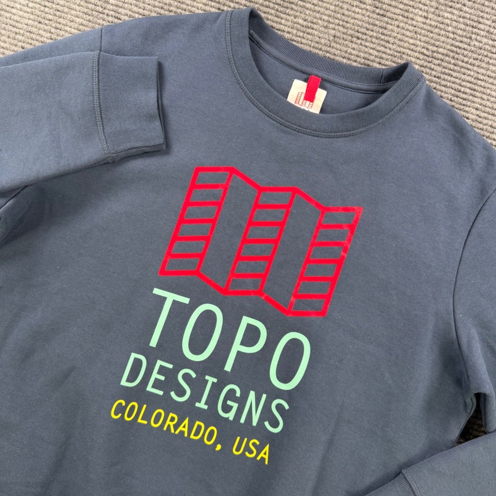 Topo Designs Navy Organic Cotton Graphic Logo Crewneck Mens Medium Sweatshirt